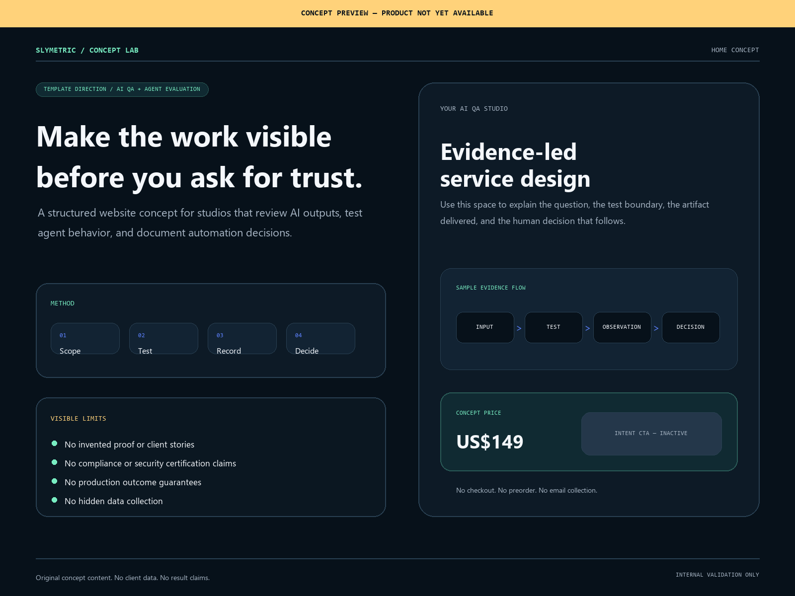 Home page concept for an AI QA and automation studio, visibly marked as a product concept not yet available.